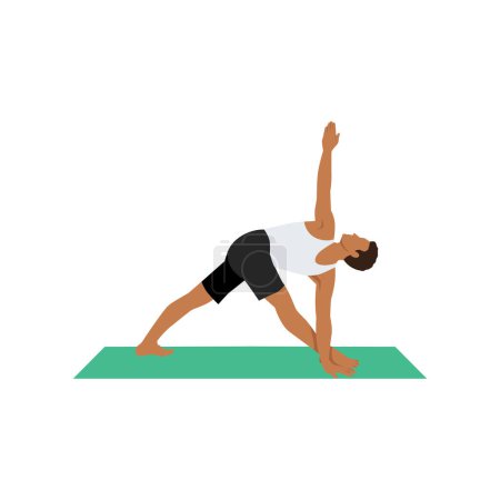 Illustration for Man doing revolved triangle pose parivrtta trikonasana exercise. Flat vector illustration isolated on white background - Royalty Free Image