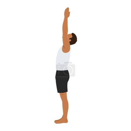 Téléchargez les illustrations : Homme faisant urdhva namaskarasana yoga pose. Debout avec upavishtha konasana exercice. Illustration vectorielle plate isolée sur fond blanc - en licence libre de droit