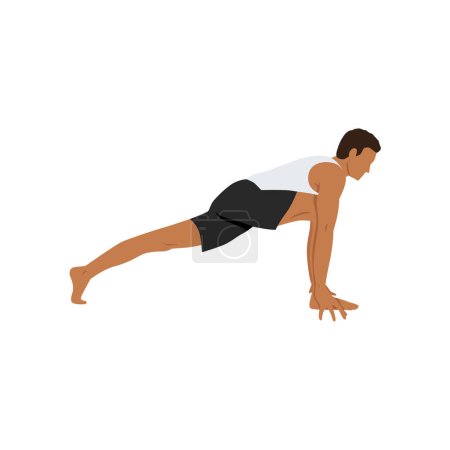 Illustration for Man doing high lunge pose alanasana exercise. Flat vector illustration isolated on white background - Royalty Free Image