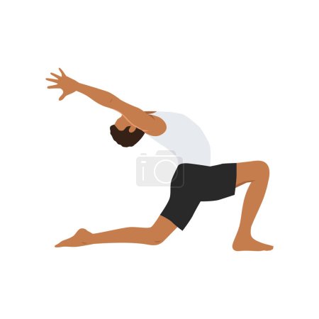 Mann bei Crescent Lunge-Pose oder Anjaneyasana-Übung. Flache Vektordarstellung isoliert auf weißem Hintergrund