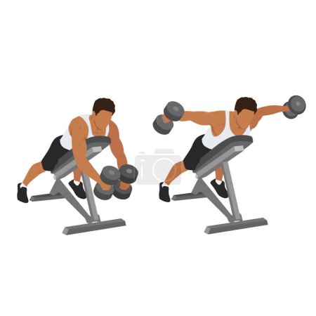Illustration for Man doing Dumbbell bent over chest supported reverse flyes. - Royalty Free Image