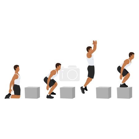 Man doing knee to box jump squat or power jump exercise. Flat vector illustration isolated on white background