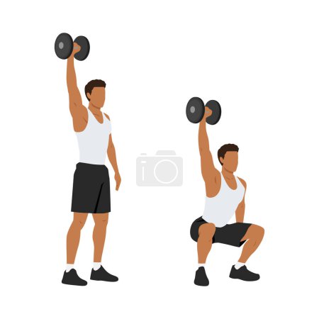 Illustration for Man doing single or one arm overhead dumbbell squats exercise. Flat vector illustration isolated on white background - Royalty Free Image