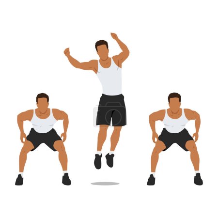 Téléchargez les illustrations : Homme faisant côté à côté saut squat exercice. Illustration vectorielle plate isolée sur fond blanc - en licence libre de droit