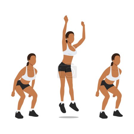Téléchargez les illustrations : Femme faisant d'un côté à l'autre saut squat exercice. Illustration vectorielle plate isolée sur fond blanc - en licence libre de droit