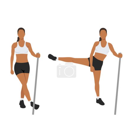 Illustration for Woman doing side lateral leg or hip swings exercise. Flat vector illustration isolated on white background - Royalty Free Image
