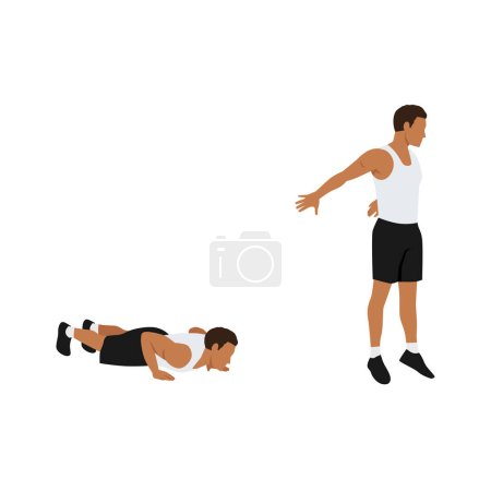Illustration for Man doing Chest to floor burpee exercise. Flat vector illustration isolated on white background - Royalty Free Image