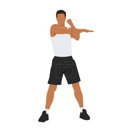 Homme faisant bras croisé debout. Exercice d'étirement d'épaule. Illustration vectorielle plate isolée sur fond blanc