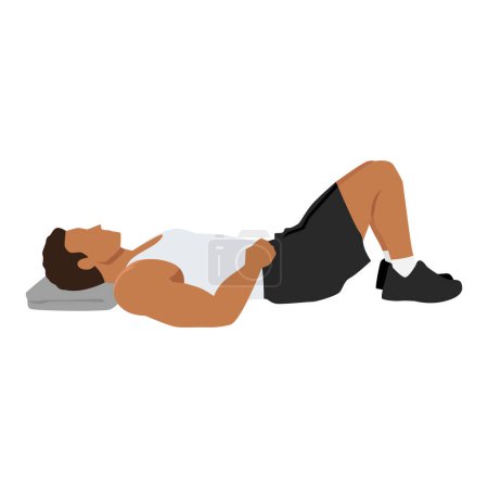 Ilustración de Hombre haciendo semi supino acostado o ejercicio constructivo posición de descanso. Ilustración vectorial plana aislada sobre fondo blanco - Imagen libre de derechos