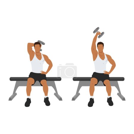 Man doing Seated Single arm overhead dumbbell tricep extensions exercise. Flat vector illustration isolated on white background