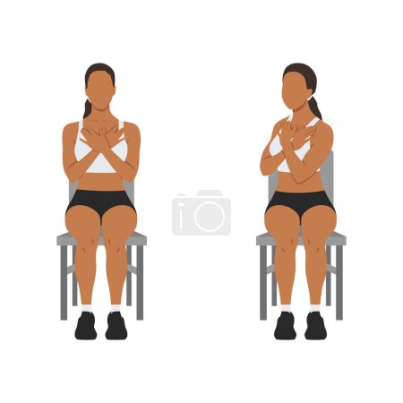 Mujer sentada haciendo ejercicios de rotación glútea y lumbar o giro de silla. Ilustración vectorial plana aislada sobre fondo blanco