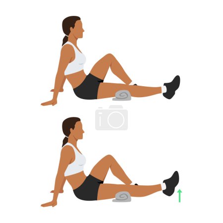 Téléchargez les illustrations : Femme faisant des exercices d'extension du genou assis. Illustration vectorielle plate isolée sur fond blanc - en licence libre de droit