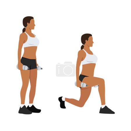 Téléchargez les illustrations : Femme faisant de l'exercice dans la pose Reverse Lunge avec une bouteille d'eau. Illustration vectorielle plate isolée sur fond blanc - en licence libre de droit