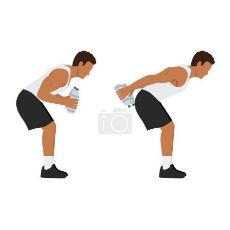 Illustration for Man doing Bent over double arm tricep kickbacks with water bottle exercise. Flat vector illustration isolated on white background - Royalty Free Image