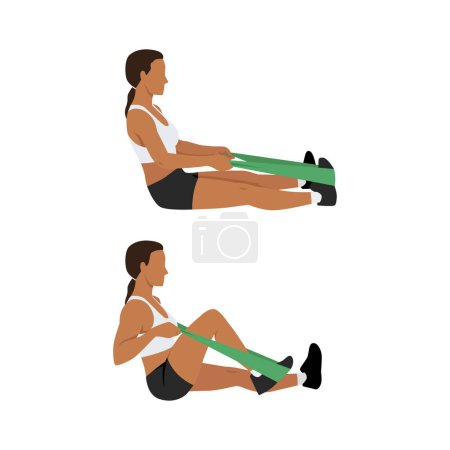 Téléchargez les illustrations : Femme faisant l'exercice de flexion du genou de résistance assise. Illustration vectorielle plate isolée sur fond blanc - en licence libre de droit