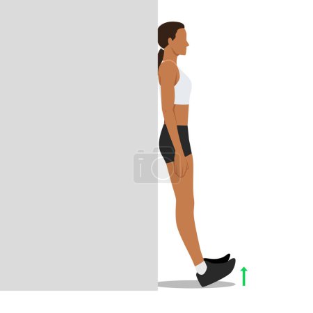 Illustration for Woman doing foot flex shin exercise leaning against wall. Flat vector illustration isolated on white background - Royalty Free Image