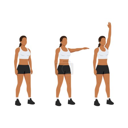 Ilustración de Mujer haciendo levantamientos delanteros de un solo brazo a la extensión de arriba. Ilustración vectorial plana aislada sobre fondo blanco - Imagen libre de derechos