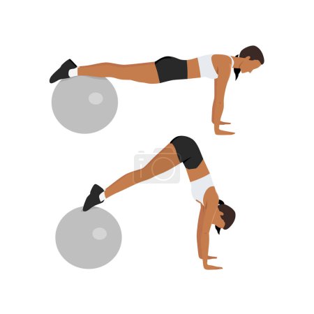 Illustration for Woman doing swiss ball plank to pike push up, core exercise. Flat vector illustration isolated on white background - Royalty Free Image