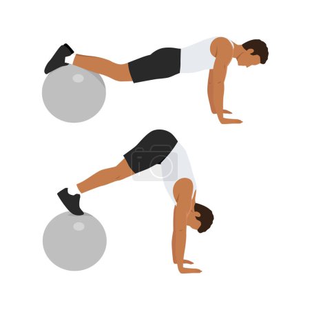 Illustration for Man doing swiss ball plank to pike push up, core exercise. Flat vector illustration isolated on white background - Royalty Free Image