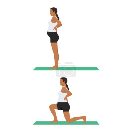 Illustration for Side view of pregnant woman doing reverse lunges. prenatal fitness. Flat vector illustration isolated on white background - Royalty Free Image