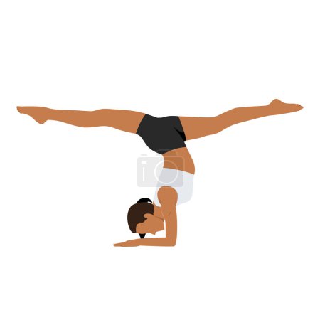 Téléchargez les illustrations : Femme faisant Handstand avec fentes, variation de l'exercice de yoga Pincha Mayurasana. Illustration vectorielle plate isolée sur fond blanc - en licence libre de droit