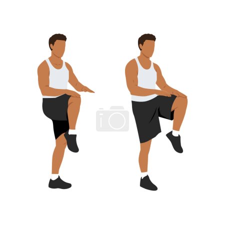 Illustration for Man doing High knees. Front knee lifts. Run. and Jog on the spot exercise. Flat vector illustration isolated on white background - Royalty Free Image