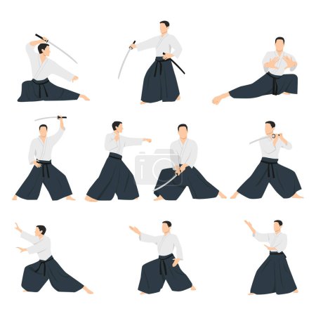 Hombre atleta aikido establecer carácter. Ilustración vectorial plana aislada sobre fondo blanco. Ilustración vectorial plana aislada sobre fondo blanco