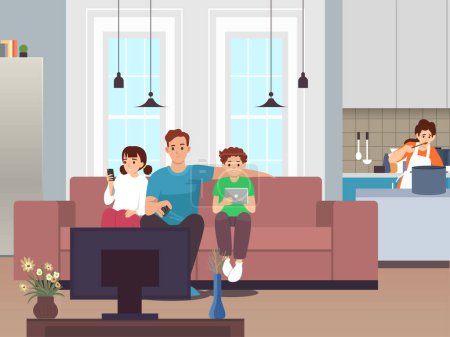 Happy family watching television sitting on the couch at home. Vector illustration in a flat style
