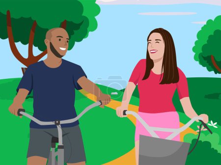 Téléchargez les illustrations : Couple à vélo sur une belle scène de parc vert illustration plate - en licence libre de droit