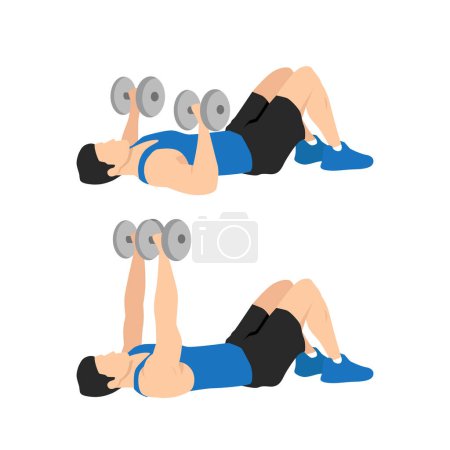 Dumbbell floor chest press exercise. Flat vector illustration isolated on white background. Workout character