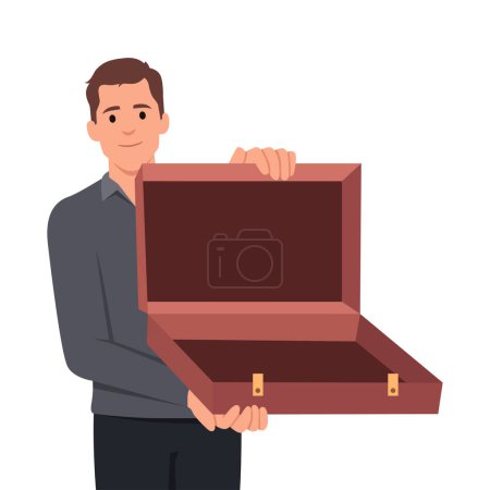 Téléchargez les illustrations : Homme d'affaires avec une valise vide ouverte. Illustration vectorielle plate isolée sur fond blanc - en licence libre de droit