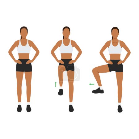 Illustration for Woman doing exercise with Single leg hip Rotation posture. Hip and leg. Flat vector illustration isolated on white background - Royalty Free Image