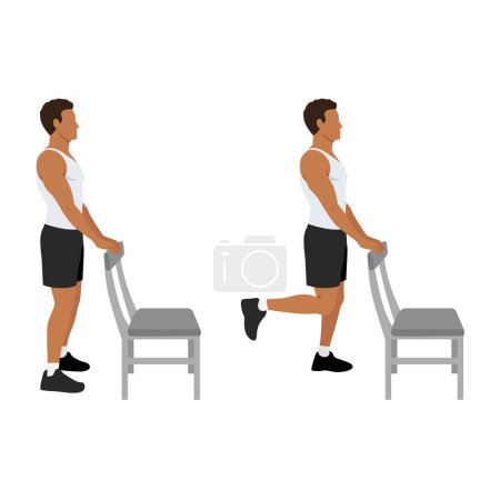 Téléchargez les illustrations : Homme faisant chaise debout ou exercice soutenu de boucles de hamstring. Illustration vectorielle plate isolée sur fond blanc - en licence libre de droit