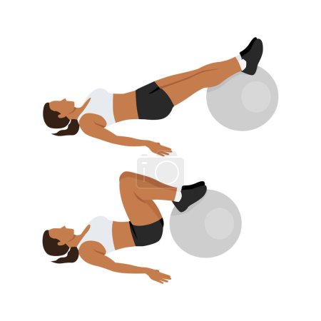 Woman doing stability or swiss ball hamstring leg curl, or hip raise or bridge. Flat vector illustration isolated on white background