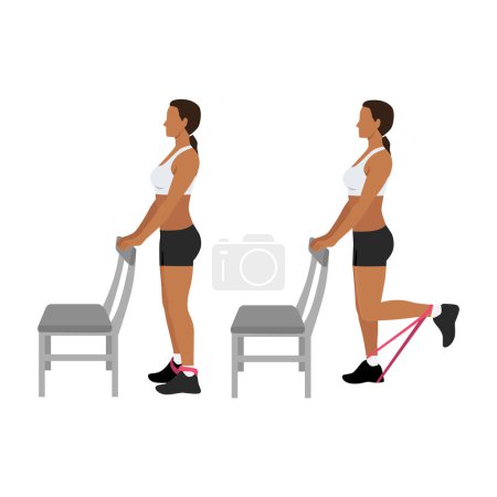 Illustration for Woman doing standing supported resistance band hamstring curls exercise. Flat vector illustration isolated on white background - Royalty Free Image