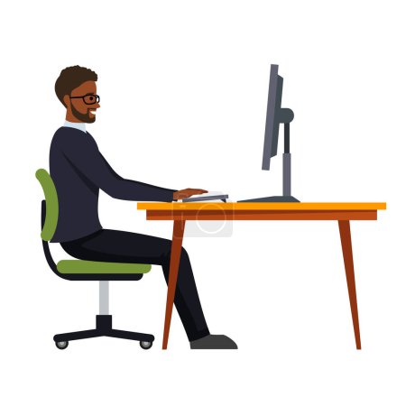 Illustration for The correct position posture when working at the computer. A man sits at a table with a monitor. Spinal curvature. Good posture. Healthy back. Isolated vector illustration - Royalty Free Image