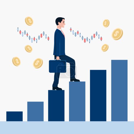 Man is climbing career ladder. Concept of business development. Stock market investor. Vector illustration flat design. Isolated on white background. Step by step.