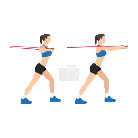 Illustration for Woman doing Resistance band chest press exercise. Flat vector illustration isolated on white background - Royalty Free Image