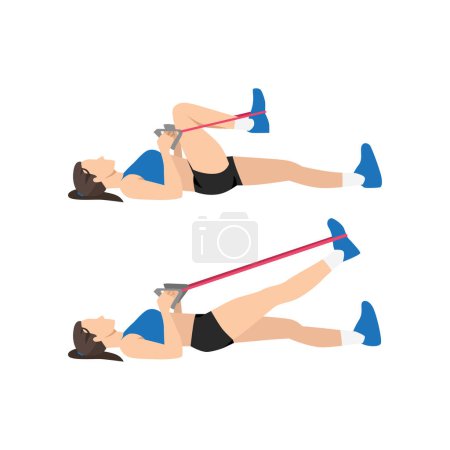 Illustration for Woman doing Resistance band lying leg extensions exercise. Flat vector illustration isolated on white background - Royalty Free Image