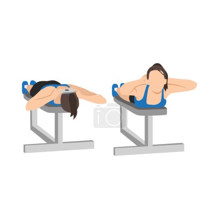 Illustration for Woman doing Lying face down plate neck resistance exercise. Flat vector illustration isolated on white background - Royalty Free Image