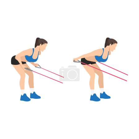 Illustration for Woman doing Resistance band tricep kickbacks exercise. Flat vector illustration isolated on white background - Royalty Free Image