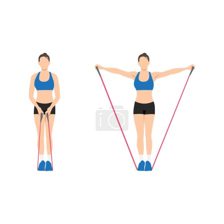 Illustration for Woman doing Resistance band lateral raises. side raises exercise. Flat vector illustration isolated on white background - Royalty Free Image