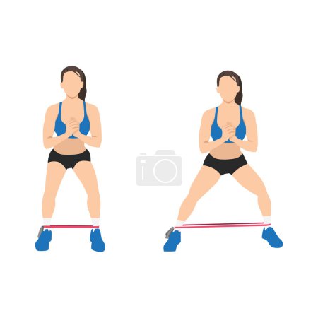 Illustration for Woman doing Resistance band side steps exercise. Flat vector illustration isolated on white background - Royalty Free Image