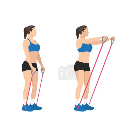 Illustration for Woman doing Resistance band shoulder front raises exercise. Flat vector illustration isolated on white background - Royalty Free Image