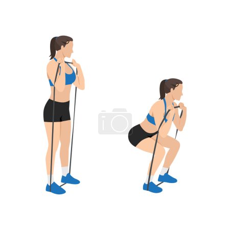 Téléchargez les illustrations : Femme faisant de l'exercice de squat élastique. Illustration vectorielle plate isolée sur fond blanc - en licence libre de droit
