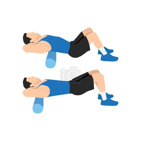 Illustration for Man doing Foam roller upper back stretch exercise. Flat vector illustration isolated on white background - Royalty Free Image