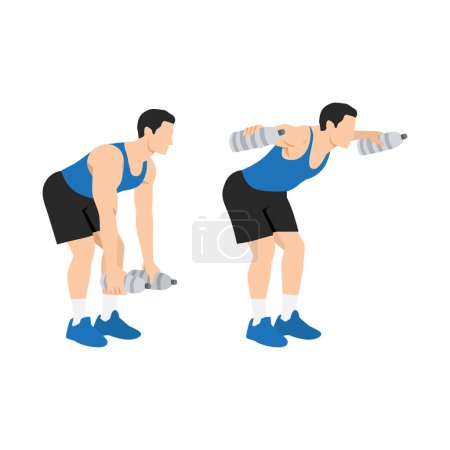Illustration for Man doing Bent over water bottle flyes exercise. Lateral bottle raise. Flat vector illustration isolated on white background - Royalty Free Image