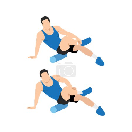 Téléchargez les illustrations : Man doing Foam roller flutes. butt stretch exercise. Flat vector illustration isolated on white background - en licence libre de droit