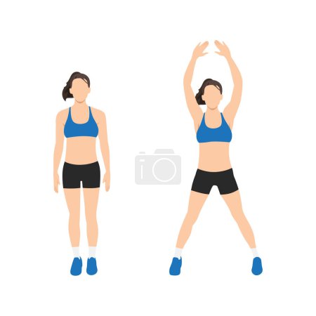 Illustration for Woman doing Jumping jacks exercise. Flat vector illustration isolated on white background - Royalty Free Image