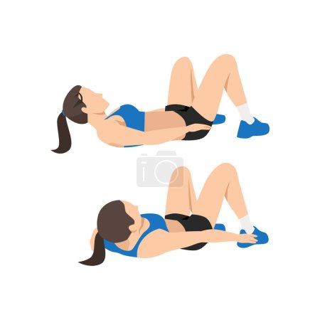 Ilustración de Mujer haciendo toques de tacón alternativo. ejercicio de alcance oblicuo acostado. Ilustración vectorial plana aislada sobre fondo blanco - Imagen libre de derechos